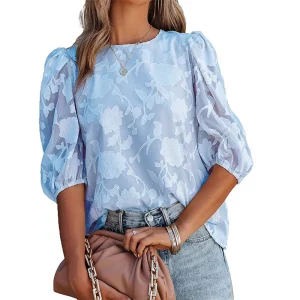 Damblus med puffärm och blommönster i chiffong – elegant och luftig blus