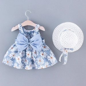 Blommig Sommarklänning för Babyflicka – Rosett, Axelband & Matchande Hatt